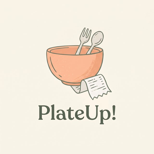 Logo de PlateUp!: un tazón terracota con tenedor, cuchara y un ticket de compra
